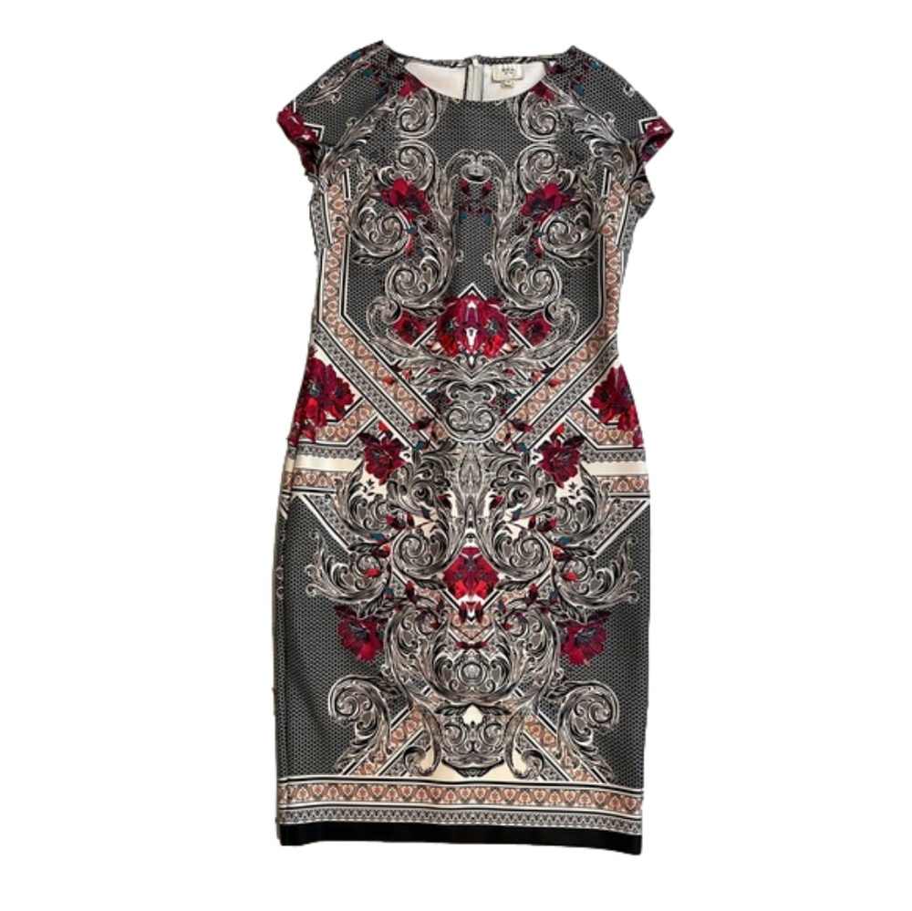 eci New York Stained Glass Print Cap Sleeve Scuba Dress Red Black Size 12